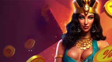 Image featuring an Egyptian queen holding gold coins, promoting the welcome bonus at Aurora Internet Casino with a luxurious theme.